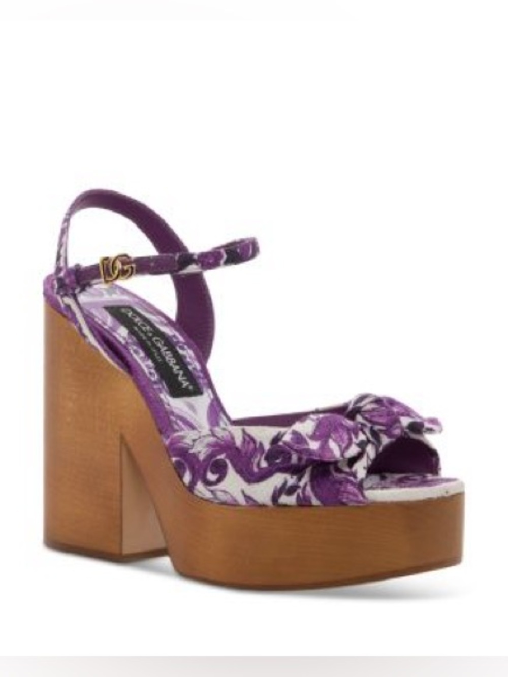 Dolce & Gabbana Purple Floral Platform Sandal with Wood Block Heel